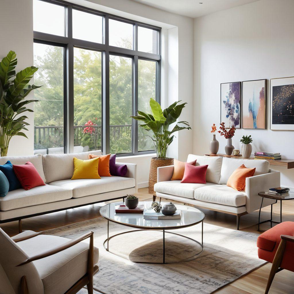 A modern living room showcasing stylish and trendy furnishings, including a sleek sofa, artistic coffee table, and colorful decor elements. Bright natural light streaming in through large windows, creating a vibrant and inviting atmosphere. Incorporate plant life and contemporary art pieces to enhance the aesthetic appeal. super-realistic. vibrant colors. white background.