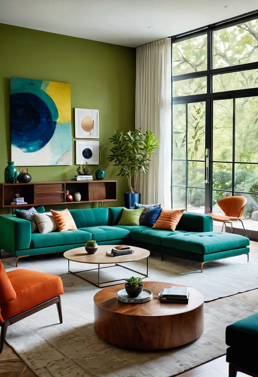 A modern living room elegantly designed with eclectic home furnishings from around the world, showcasing unique textiles, innovative smart furniture, and green accents. The space should feel bright and inviting, with large windows letting in natural light and decor reflecting diverse cultural influences. Include elements of futuristic design, like modular furniture and ambient lighting. super-realistic. vibrant colors. bright background.