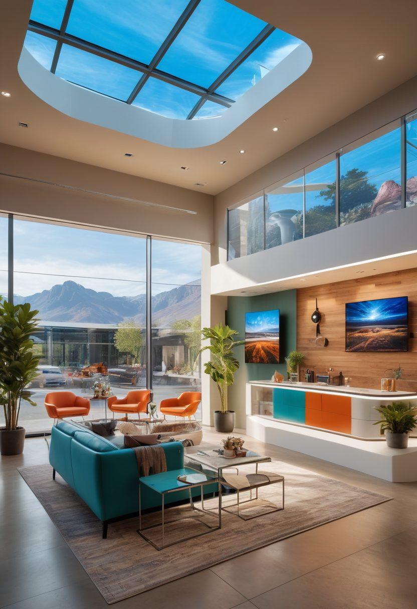 A futuristic showroom designed with immersive technology, showcasing innovative home decor products. Include interactive displays that highlight B2B connections and virtual reality elements that enhance the shopping experience. Natural light pours through large windows, illuminating a blend of contemporary and traditional decor styles. Incorporate diverse business customers engaging with products and each other. vibrant colors. super-realistic. futuristic design.